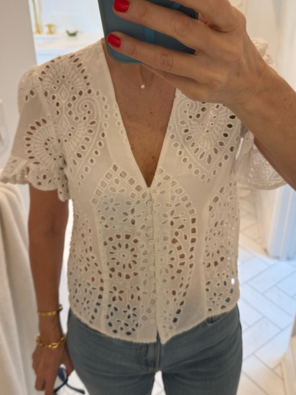 Zara Women's White Eyelet V-Neck Top